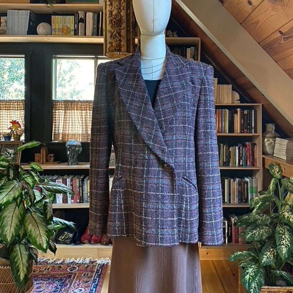 Wool Blazer Jacket Vintage Burgundy Plum Plaid